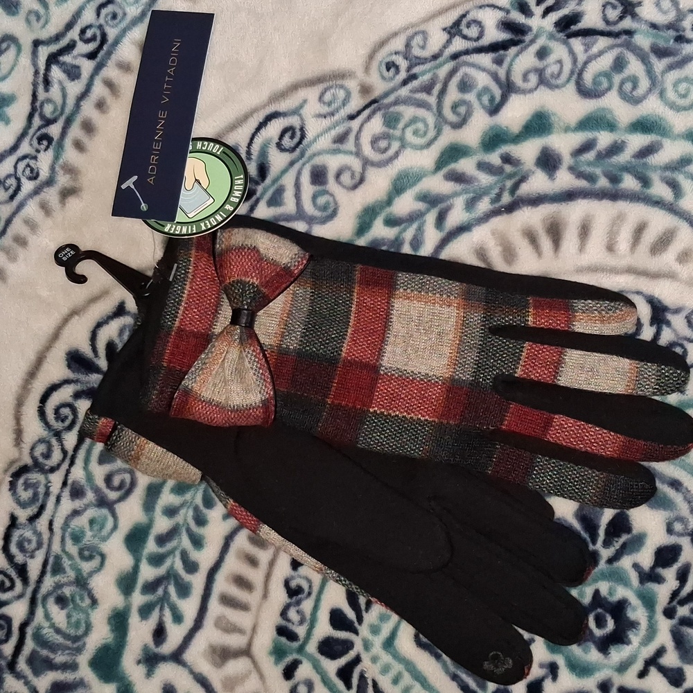 🆕Adrienne Vittadini Plaid Gloves w/ Bow Detail Smart Phone Touch Fingers O/S